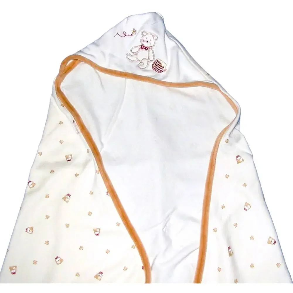 Le Top Infant Hooded Bath Blanket White Tan Teddy Bear 19x19 inches Cotton